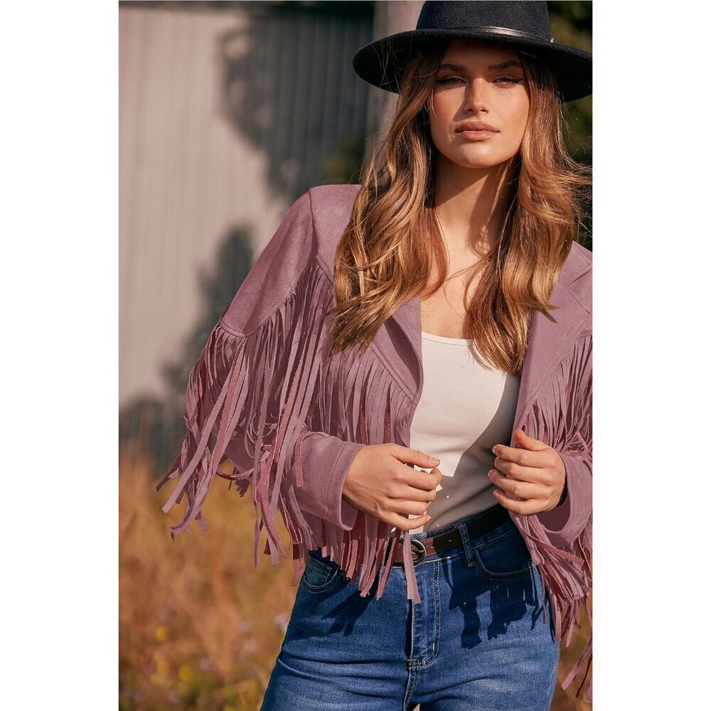 🆕Women's Dark Pink Fringe Faux Suede Leather Jacket Tassel Cropped Fall Coat - Picture 8 of 9